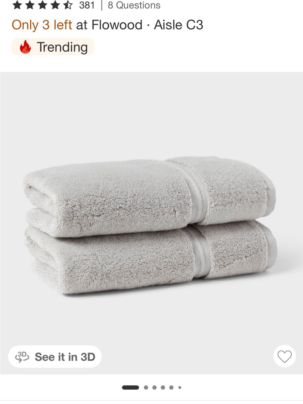 New with tags set of four threshold Soft Cotton Bath Towels - Light Gray